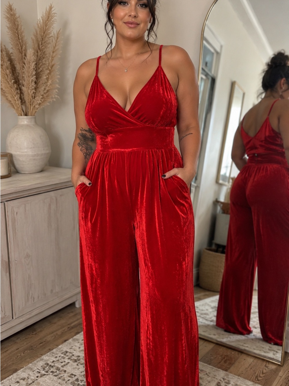 Women's Red Velvet Wide-Leg Jumpsuit with Spaghetti Straps